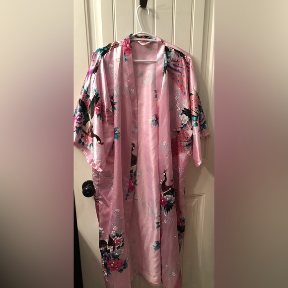 Other - 5.  Pink Satin Kimono Robe with Peacock Print. (As-is. No belt )
